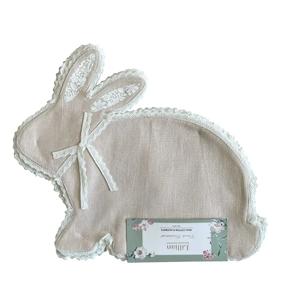 Lillian August Tan Bunny Shaped Placemats 17in Set of 4 Lace Accents NEW